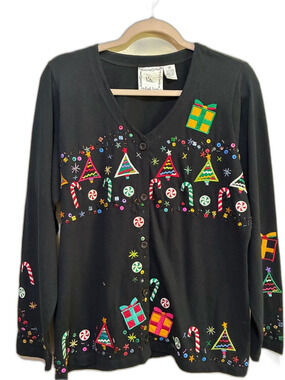 Michael Simon Black Holiday Cardigan Wide leg pull on pants Christmas set
